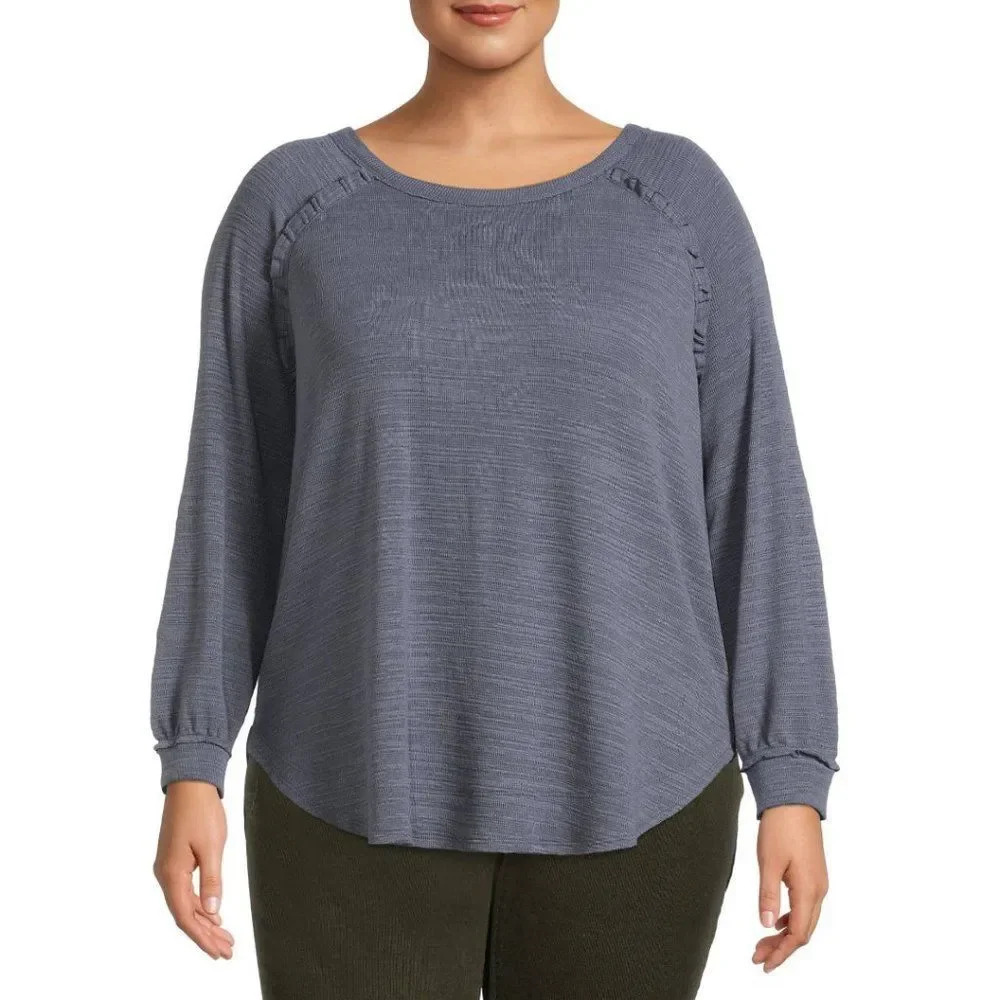 Terra & Sky‎ Womens Grey Ruffle Trim Top Long Raglan Sleeve Scoop Neck Size 0X